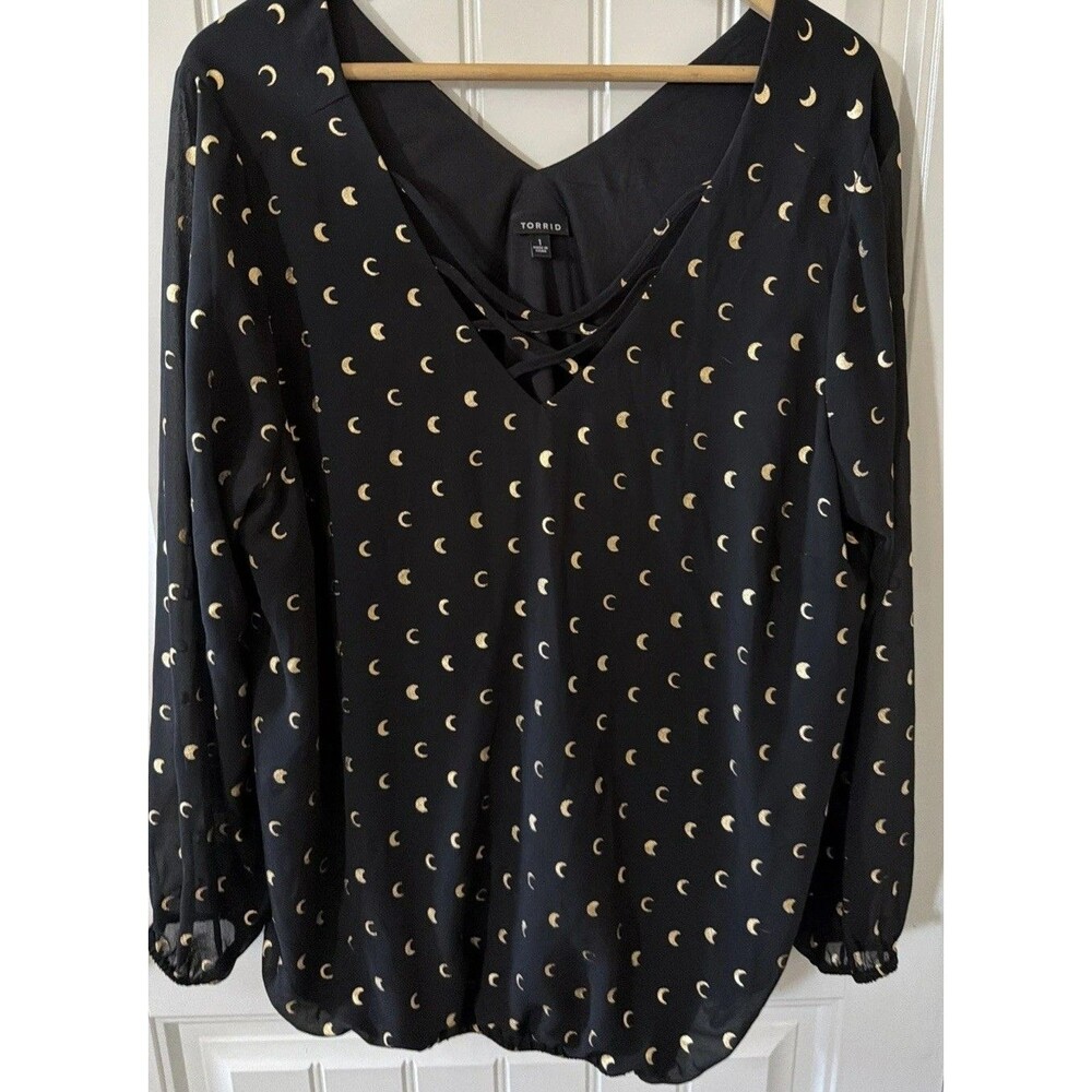 Torrid Black and Gold Women's Top 1X Novelty Gold Half Moon Print Boho Blouse